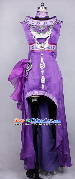 Asian Chinese Traditional Cospaly Costume Customization Ancient Miao Nationality Young Lady Costume Complete Set, China Elegant Hanfu Princess Purple Dress Clothing for Women