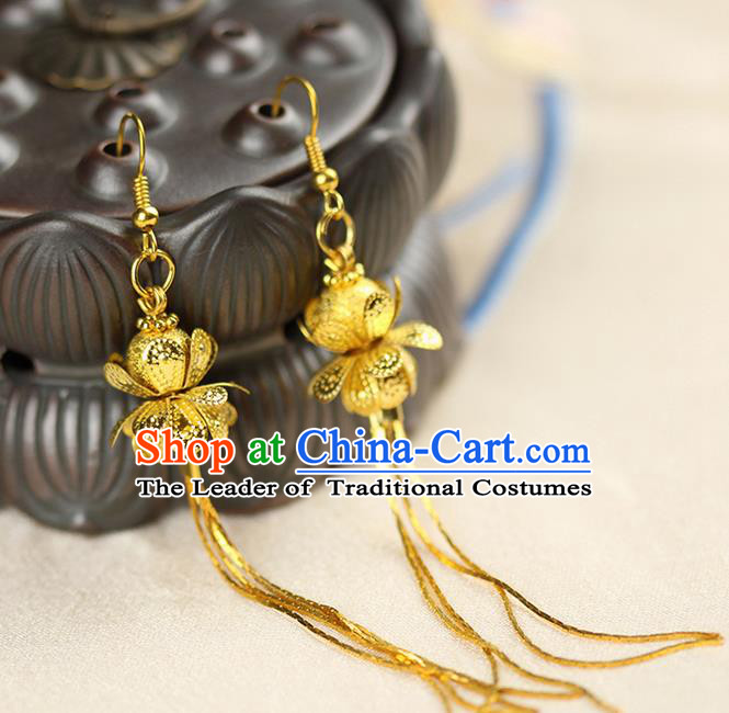 Chinese Ancient Style Hair Jewelry Accessories Wedding Golden Lotus Earrings, Hanfu Xiuhe Suits Bride Handmade Eardrop for Women