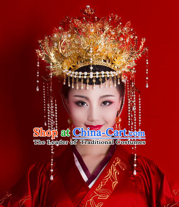 Asian Chinese Ancient Style Hair Jewelry Accessories Wedding Headwear, Hanfu Xiuhe Suits Bride Handmade White Prerls Tassel Phoenix Coronet for Women