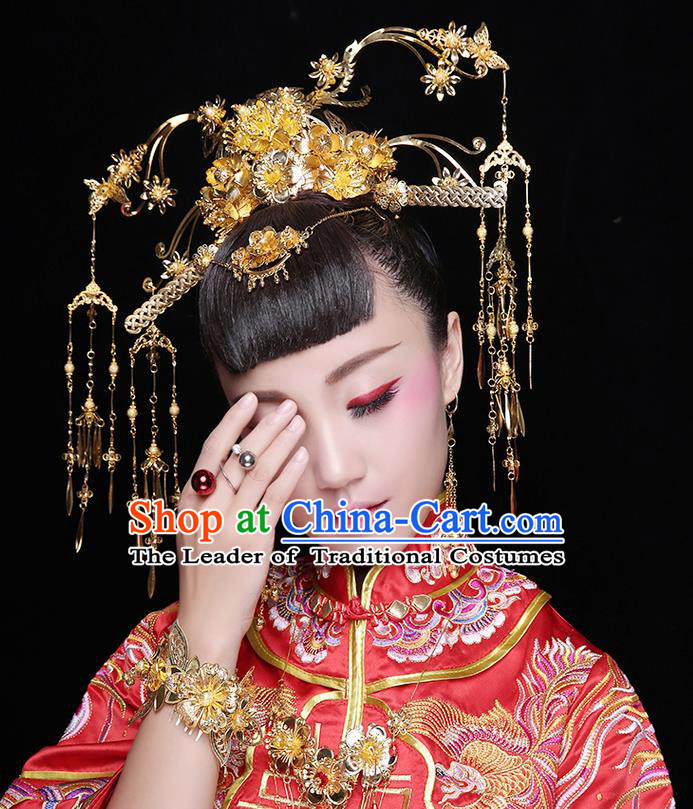 Asian Chinese Ancient Style Hair Jewelry Accessories Wedding Headwear, Hanfu Xiuhe Suits Bride Handmade Tassel Phoenix Coronet Hair Fascinators Complete Set for Women