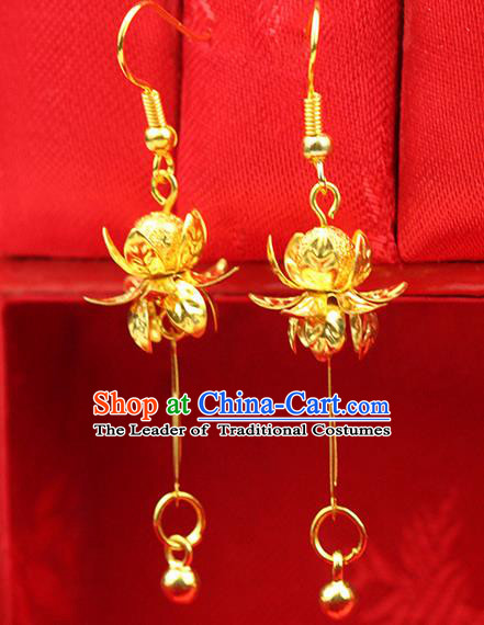 Chinese Ancient Style Hair Jewelry Accessories Wedding Golden Tassel Lotus Earrings, Hanfu Xiuhe Suits Bride Handmade Bead Eardrop for Women