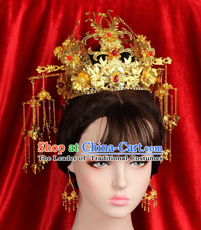 Asian Chinese Ancient Style Hair Jewelry Accessories Wedding Headwear, Hanfu Xiuhe Suits Bride Handmade Phoenix Coronet Hairpins Hair Fascinators Complete Set for Women