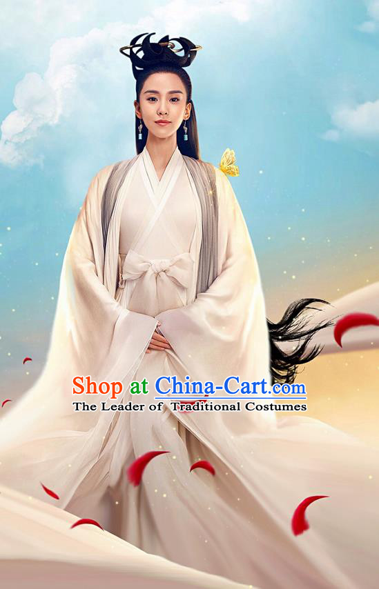 Asian Chinese Traditional Ancient Saintess Costume and Headpiece Complete Set, Lost Love In Times China Northern and Southern Dynasties Fairy Swordswoman Dress Clothing