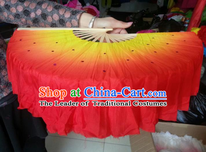 Pure Silk Traditional Chinese Fans Oriental Orange Ribbon Fan Folk Dance Cultural Yanko Dance Hand Fan