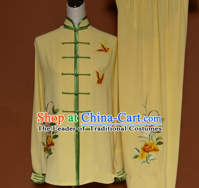 Top Grade Kung Fu Costume Asian Chinese Martial Arts Kung Fu Training Uniform, China Embroidery Butterfly Gongfu Shaolin Wushu Yellow Clothing for Women