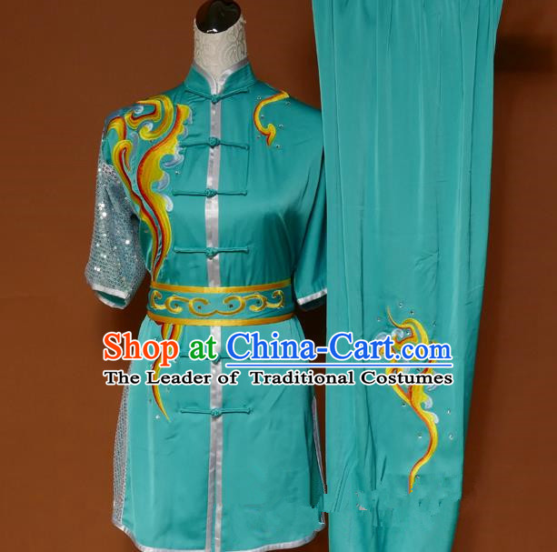 Top Grade Kung Fu Costume Asian Chinese Martial Arts Tai Chi Training Green Uniform, China Embroidery Gongfu Shaolin Wushu Clothing for Men for Women