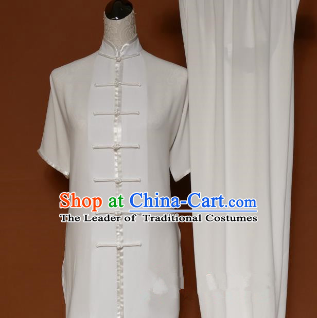 Top Grade Kung Fu Costume Asian Chinese Martial Arts Tai Chi Training White Uniform, China Linen Gongfu Shaolin Wushu Clothing for Men for Women