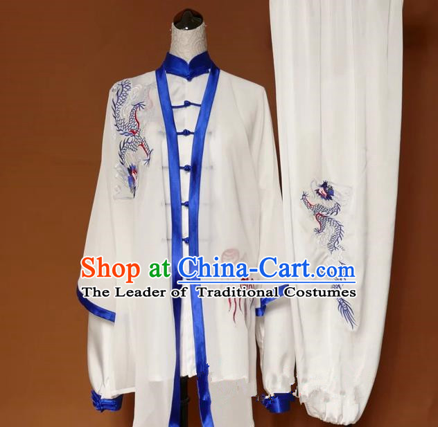 Top Grade Kung Fu Silk Costume Asian Chinese Martial Arts Tai Chi Training Uniform, China Embroidery Blue Dragon Gongfu Shaolin Wushu Clothing for Men for Women