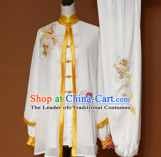 Top Grade Kung Fu Silk Costume Asian Chinese Martial Arts Tai Chi Training Uniform, China Embroidery Yellow Dragon Gongfu Shaolin Wushu Clothing for Men for Women