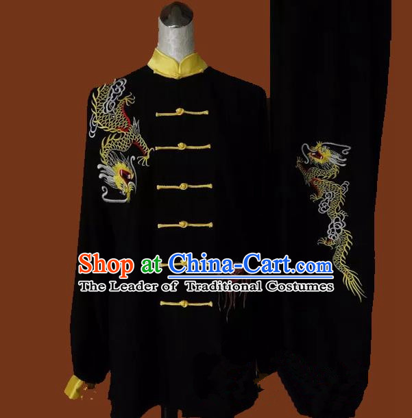 Top Grade Kung Fu Silk Costume Asian Chinese Martial Arts Tai Chi Training Black Uniform, China Embroidery Dragon Gongfu Shaolin Wushu Clothing for Men for Women