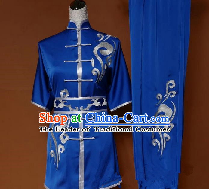 Top Grade Kung Fu Silk Costume Asian Chinese Martial Arts Tai Chi Training Blue Uniform, China Embroidery Short Sleeve Gongfu Shaolin Wushu Clothing for Women