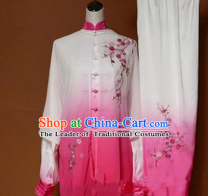 Top Grade Kung Fu Silk Costume Asian Chinese Martial Arts Tai Chi Training Gradient Pink Uniform, China Embroidery Plum Blossom Gongfu Shaolin Wushu Clothing for Women