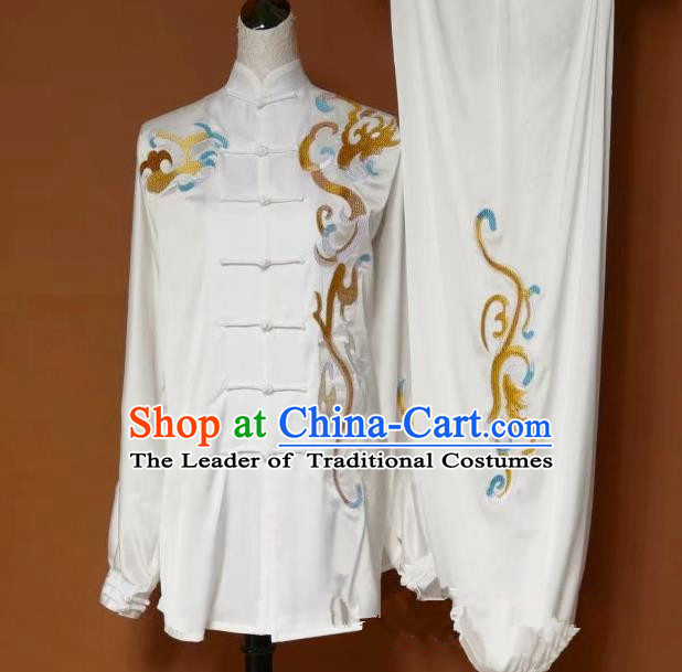 Top Grade Kung Fu Silk Costume Asian Chinese Martial Arts Tai Chi Training White Uniform, China Embroidery Gongfu Shaolin Wushu Clothing for Men