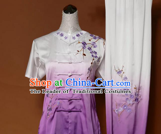 Asian Chinese Top Grade Silk Kung Fu Costume Martial Arts Tai Chi Training Gradient Purple Uniform, China Embroidery Plum Blossom Gongfu Shaolin Wushu Clothing for Women