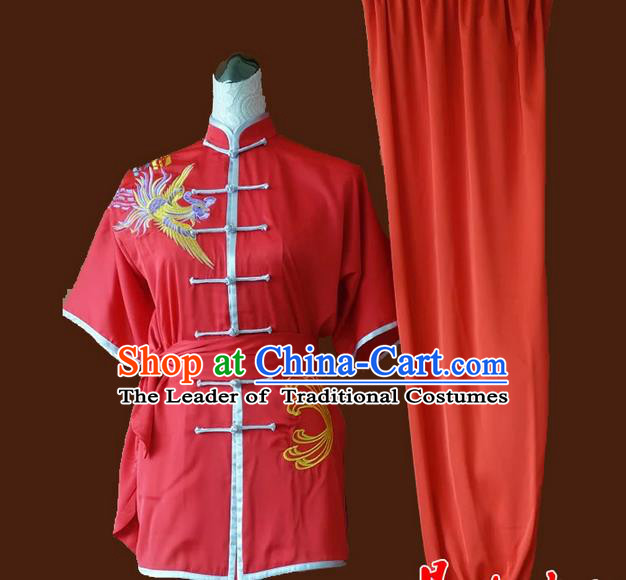 Asian Chinese Top Grade Silk Kung Fu Costume Martial Arts Tai Chi Training Red Suit, China Embroidery Phoenix Gongfu Shaolin Wushu Uniform for Women