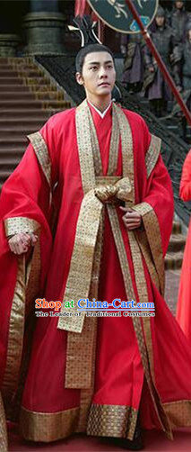 Asian Chinese Traditional Ancient Imperial Emperor Wedding Costume and Headpiece Complete Set, Lost Love In Times China Northern and Southern Dynasties Bridegroom Clothing for Men