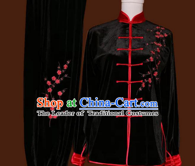 Asian Chinese Top Grade Velvet Kung Fu Costume Martial Arts Tai Chi Training Suit, China Gongfu Shaolin Wushu Embroidery Red Plum Blossom Black Uniform for Women