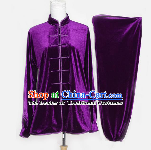 Asian Chinese Top Grade Velvet Kung Fu Costume Martial Arts Tai Chi Training Suit, China Gongfu Shaolin Wushu Purple Uniform for Men