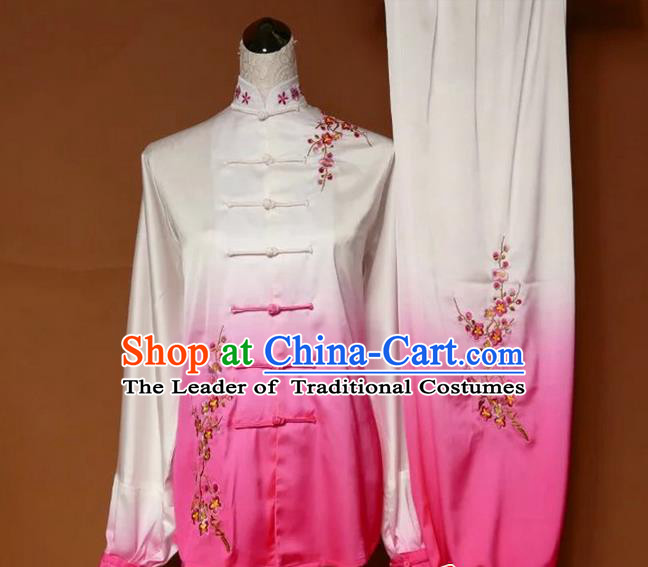 Asian Chinese Top Grade Linen Kung Fu Costume Martial Arts Tai Chi Training Suit, China Gongfu Shaolin Wushu Embroidery Wintersweet Gradient Pink Uniform for Women