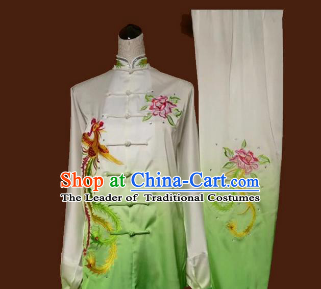 Asian Chinese Top Grade Linen Kung Fu Costume Martial Arts Tai Chi Training Suit, China Gongfu Shaolin Wushu Embroidery Phoenix Peony Gradient Green Uniform for Women