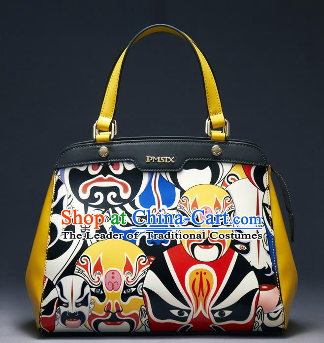 Traditional Handmade Asian Chinese Element Clutch Bags Shoulder Bag Printing Beijing Opera Facial Masks National Yellow Handbag for Women