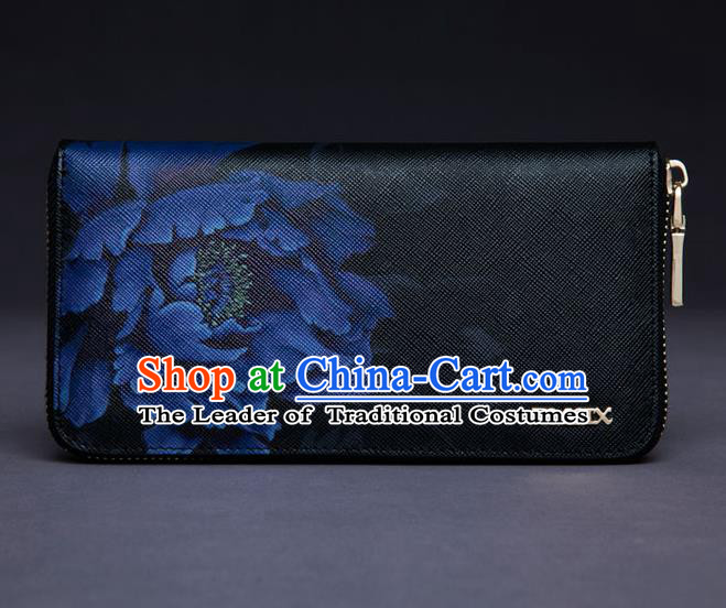 Traditional Handmade Asian Chinese Element Painting Peony Wallet National Handbag Black Purse for Women