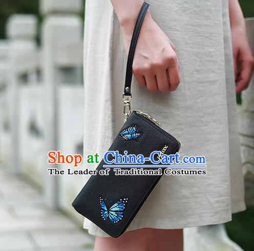 Traditional Handmade Asian Chinese Element Embroidery Butterfly Wallet National Handbag Black Purse for Women