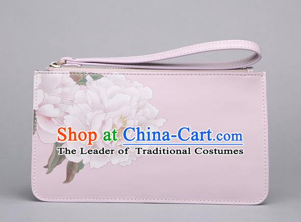 Traditional Handmade Asian Chinese Element Clutch Bags Shoulder Bag National Printing Flowers Pink Handbag for Women