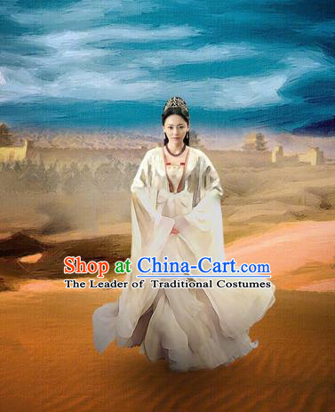 Asian Chinese Traditional Ancient Imperial Princess Costume and Headpiece Complete Set, Lost Love In Times China Northern and Southern Dynasties Young Lady Dress Clothing