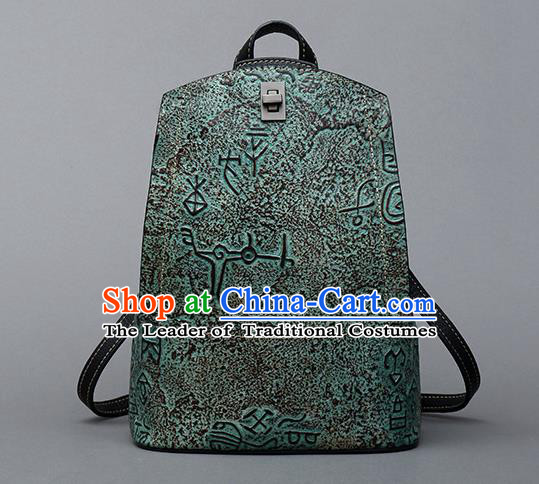 Traditional Handmade Asian Chinese Element Clutch Bags Backpack National Bronze Pattern Green Leather Handbag for Women