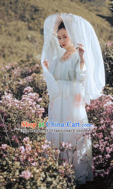 Traditional Ancient Chinese Costume Embroidery Half-Sleeves Blouse and Skirt Complete Set, Elegant Hanfu Clothing Chinese Song Dynasty Imperial Princess Clothing for Women