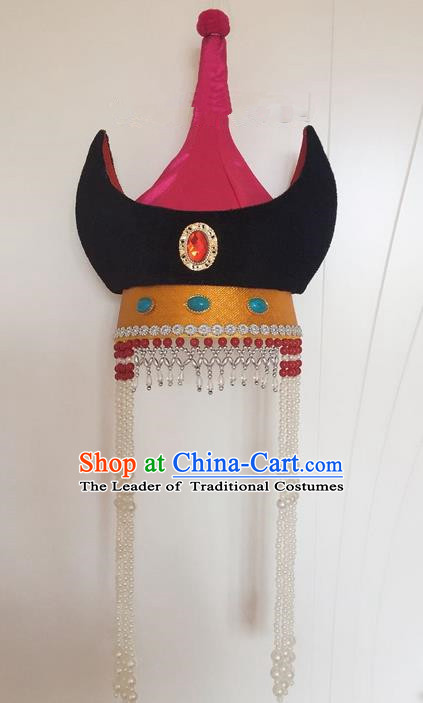 Traditional Handmade Chinese  Mongol Nationality Dance Hair Accessories Headwear, China Mongols Mongolian Minority Nationality Princess Tassel Hat Headpiece for Women