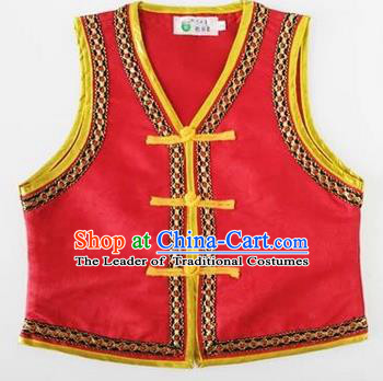 Traditional Chinese Mongol Nationality Dance Costume, Mongols Children Folk Dance Ethnic Vest, Chinese Mongolian Minority Nationality Embroidery Red Waistcoat for Kids