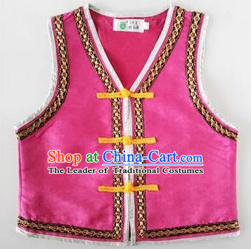 Traditional Chinese Mongol Nationality Dance Costume, Mongols Children Folk Dance Ethnic Vest, Chinese Mongolian Minority Nationality Embroidery Pink Waistcoat for Kids