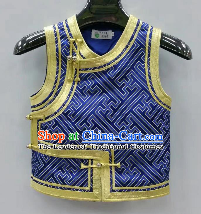 Traditional Chinese Mongol Nationality Prince Dance Costume, Mongols Children Folk Dance Ethnic Vest, Chinese Mongolian Minority Nationality Embroidery Royalblue Waistcoat for Kids