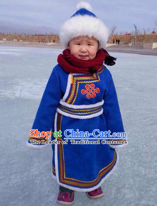 Traditional Chinese Mongol Nationality Dance Costume Blue Mongol Cotton Wadded Robes, Chinese Children Mongolian Minority Nationality Embroidery Clothing for Kids