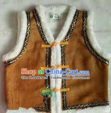 Traditional Chinese Mongol Nationality Dance Costume Children Brown Mongol Vest, China Mongolian Minority Nationality Waistcoat Clothing for Kids