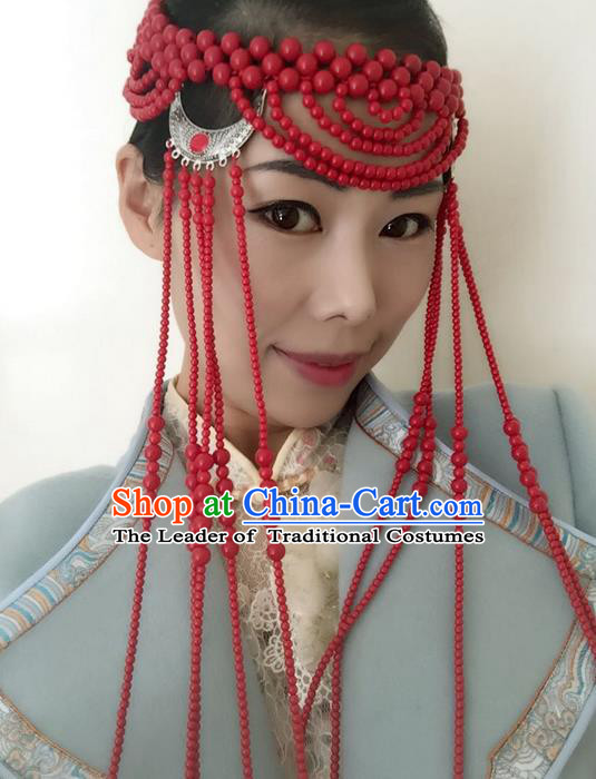 Traditional Handmade Chinese Mongol Nationality Dance Tassel Hair Accessories Headwear, China Mongols Mongolian Minority Nationality Bride Beads Headpiece for Women