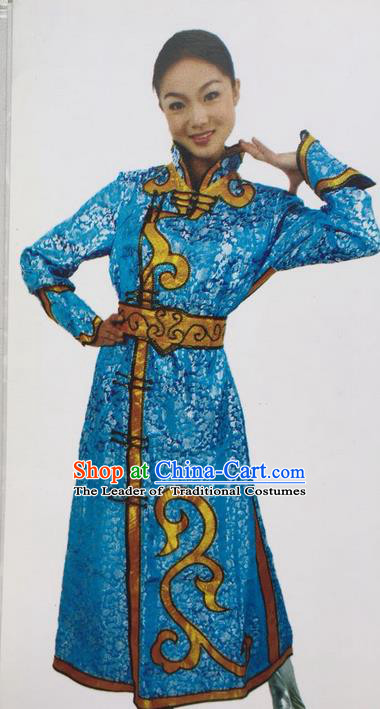 Traditional Chinese Mongol Nationality Dance Costume Blue Mongolian Robe, China Mongolian Minority Nationality Clothing for Women