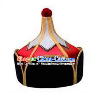 Traditional Handmade Chinese Mongol Nationality Dance Headwear Royal Highness Red Hat, China Mongolian Minority Nationality Children Bridegroom Headpiece for Kids