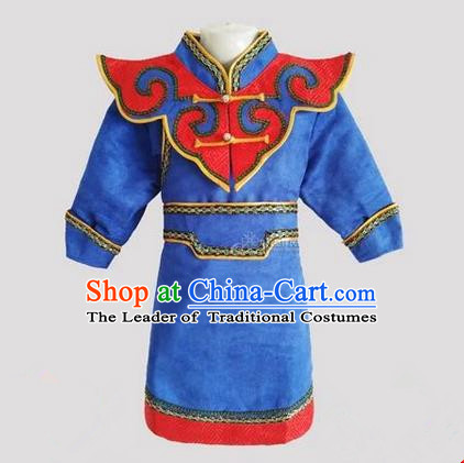 Traditional Chinese Mongol Nationality Dance Costume Handmade Royalblue Mongolian Robe, China Mongolian Minority Nationality Children Clothing