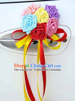 Top Grade Wedding Accessories Decoration, China Style Wedding Car Ornament Six Flowers Bride Colorful Rose Ribbon Garlands