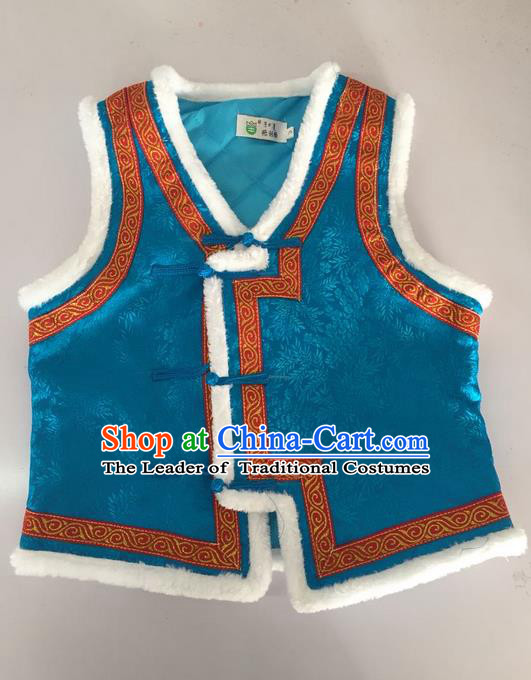 Traditional Chinese Mongol Nationality Dance Costume Handmade Blue Mongolian Vest, China Mongolian Minority Nationality Waistcoat Clothing for Kids