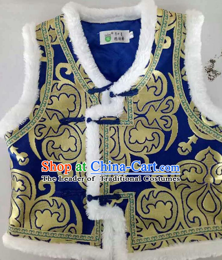 Traditional Chinese Mongol Nationality Dance Costume Handmade Deep Blue Mongolian Vest, China Mongolian Minority Nationality Waistcoat Clothing for Kids