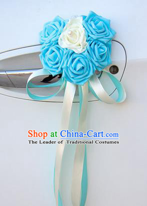 Top Grade Wedding Accessories Decoration, China Style Wedding Car Ornament Six Flowers Bride Blue Rose Ribbon Garlands