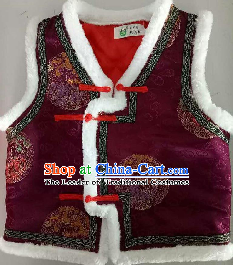 Traditional Chinese Mongol Nationality Dance Costume Handmade Purple Mongolian Vest, China Mongolian Minority Nationality Waistcoat Clothing for Kids