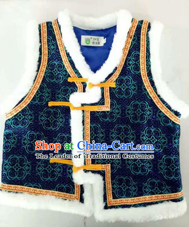 Traditional Chinese Mongol Nationality Dance Costume Handmade Navy Mongolian Vest, China Mongolian Minority Nationality Waistcoat Clothing for Kids