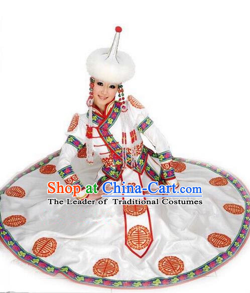 Traditional Chinese Mongol Nationality Dance Costume Handmade Princess Mongolian Robe, China Mongolian Minority Nationality White Dress Clothing for Women