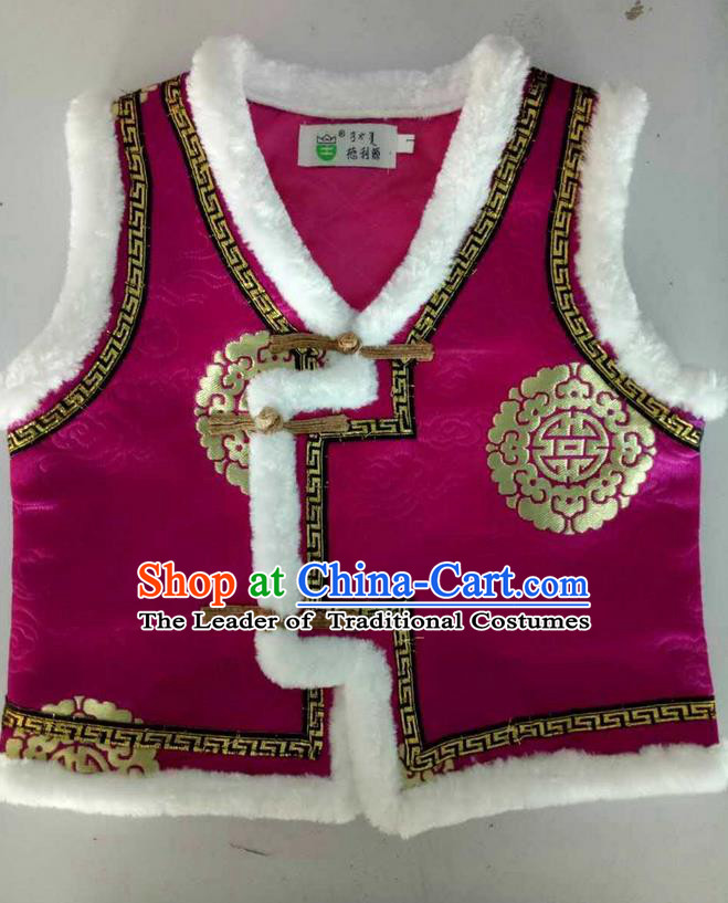 Traditional Chinese Mongol Nationality Dance Costume Handmade Amaranth Mongolian Vest, China Mongolian Minority Nationality Waistcoat Clothing for Kids