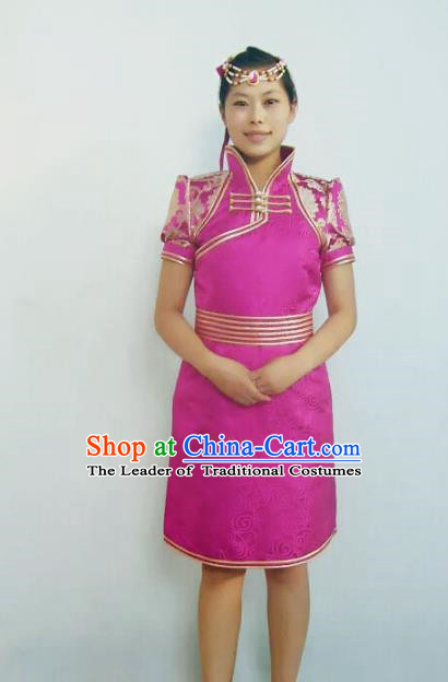 Traditional Chinese Mongol Nationality Dance Costume Handmade Rosy Mongolian Robe, China Mongolian Minority Nationality Bride Dress Clothing for Women